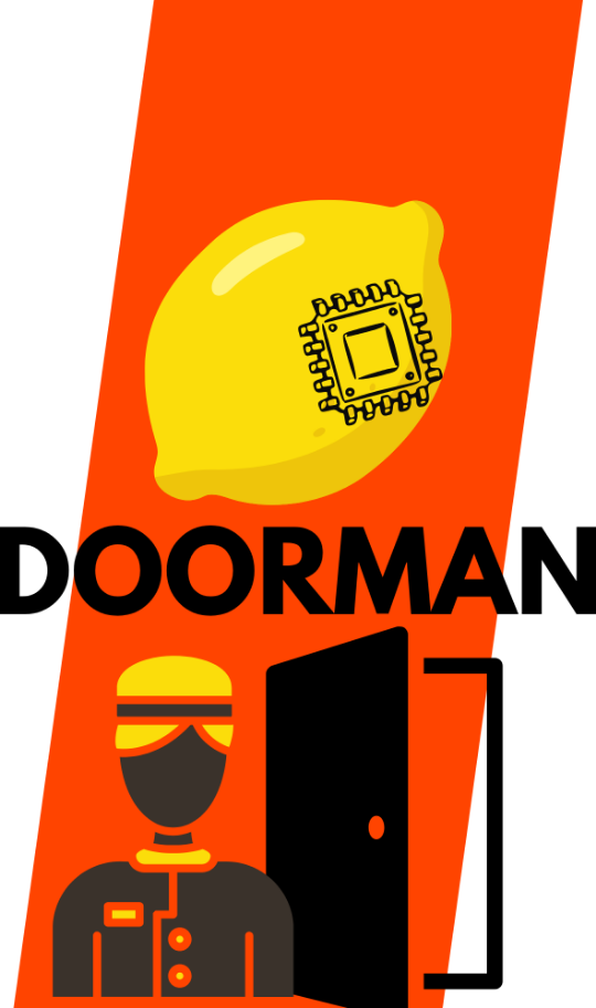 Clembot Doorman: a lemon with a microchip, above the word DOORMAN, above a doorman holding a door open.
